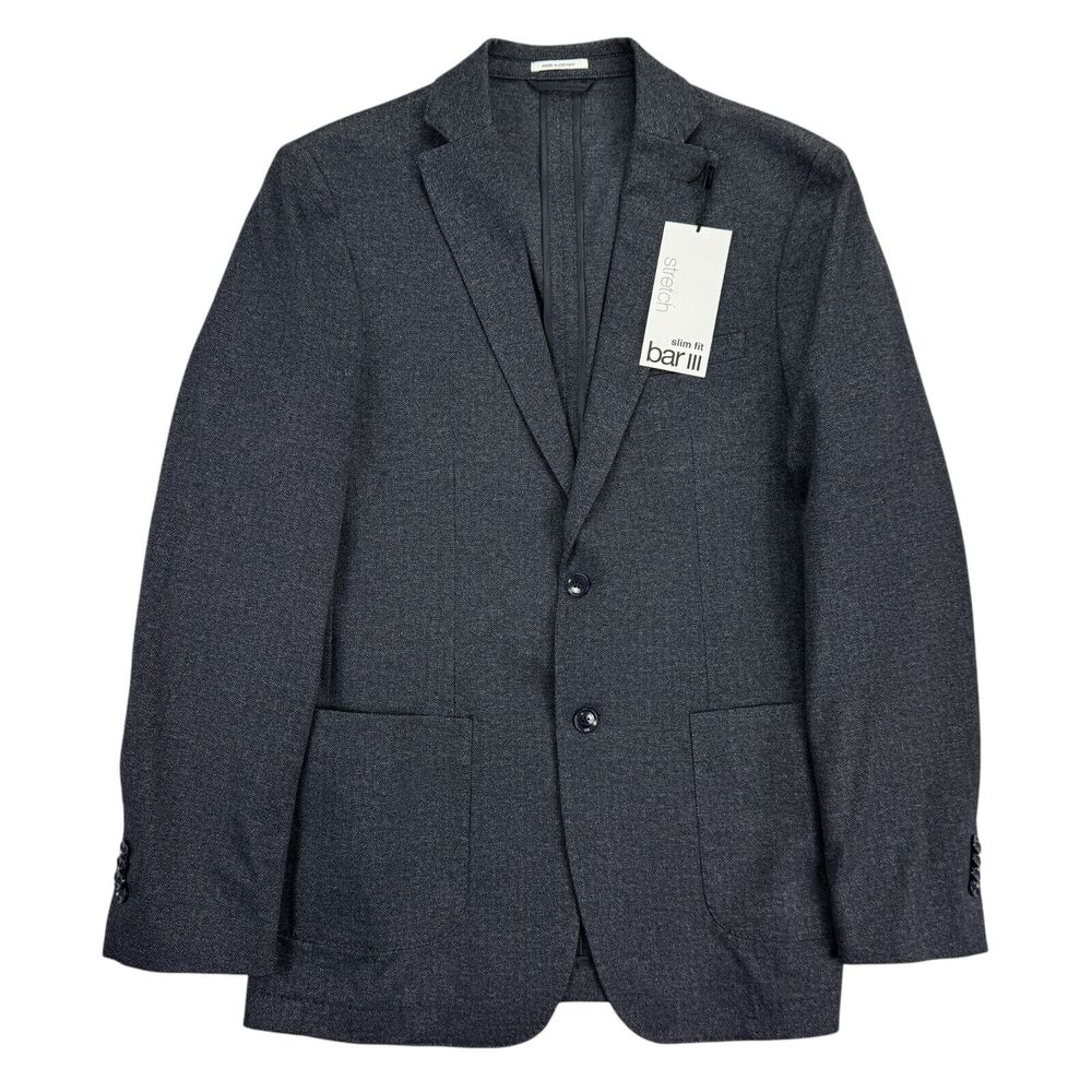 Bar III Mens Slim Fit Knit Herringbone Stretch Sport Coat Dark Blue 40L